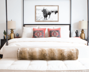 Master bedroom with buffalo print