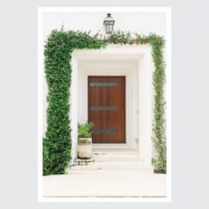 wooden door with greenery