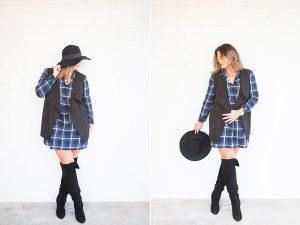 CC & Mike Holiday Outfit Ideas - Plaid Dress and Over the Knee Boots 6