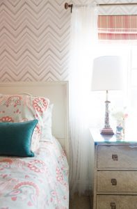 10 Beautiful Ideas for How To Use Wallpaper in Modern home design chevron wallpaper serena and lily girls bedroom pink roman shade white curtains mirrored bedside table zig zag wallpaper-1