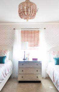 10 Beautiful Ideas for How To Use Wallpaper in Modern home design chevron wallpaper serena and lily girls bedroom pink roman shade white curtains mirrored bedside table zig zag wallpaper-3