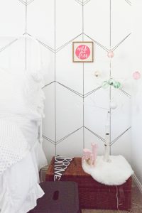 10 Beautiful Ideas for How to Use Wallpaper in Modern Home Design black and white floral wallpaper bedside swing night stand wood ladder wood bench end of bed white bedding buffalo check pillow-2