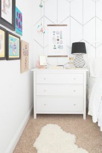 10 Beautiful Ideas for How to Use Wallpaper in Modern Home Design black and white floral wallpaper bedside swing night stand wood ladder wood bench end of bed white bedding buffalo check pillow-2