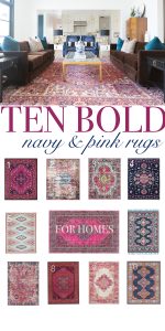 10 Bold Pink and Navy Rugs for Home Decor modern glam design navy velvet chairs velvet sofa gold coffee table leopard pillows-20 copy