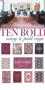 10 Bold Pink and Navy Rugs for Home Decor modern glam design navy velvet chairs velvet sofa gold coffee table leopard pillows-20 copy