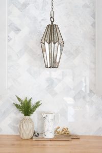 Tulsa Remodel Reveal Modern White Farmhouse black windows and doors marble herringbone backsplash bar butcher block coutnertops faceted pendant lighting-1