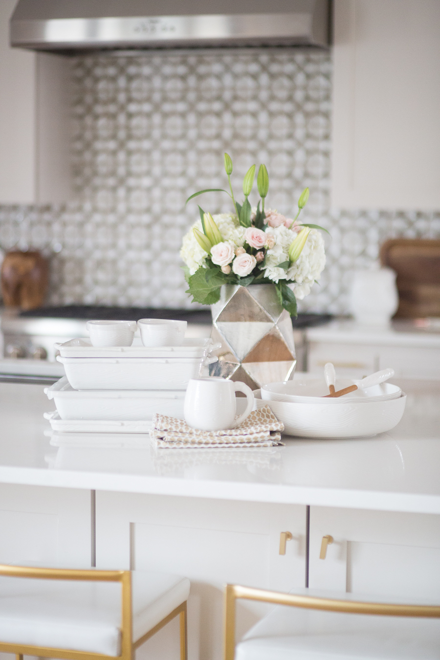 The Woodland Collection by Tara at Home at QVC with a geometric flower vase on beautiful white quartz countertops in the kitchen