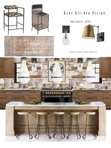 CC and Mike Kane Project Remodel Reveal brick kitchen bacskplash with a white farmhouse sink and black faucet rift sawn white oak cabinets with black hardware
