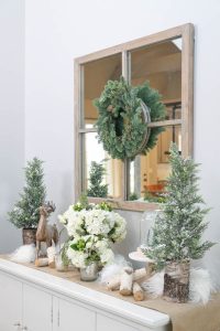 Black Friday and Cyber Monday Sales from Wayfair mirror with pine wreath and tabletop christmas decor