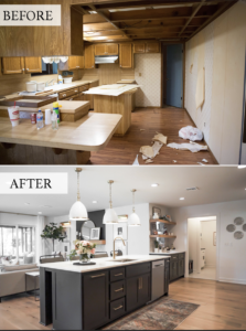 CC and Mike navy and cedar remodel kitchen before and afters black kitchen island with quartz countertops and white and gold pendants with wood vent hood