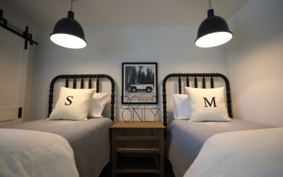 How-to-Decorate-Boys-Room-on-a-Budget wood nightstand wire boys only sign vintage Land Rover framed photo Jenny Lind black bed boys room design